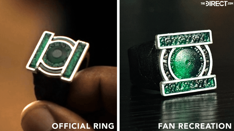 John Stewart's ring from Lanterns on the left, and the fan recreation of his ring on the right.