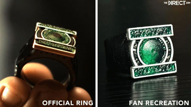 The side of John Stewart's ring from Lanterns on the left and the fan recreation of his ring on the right.