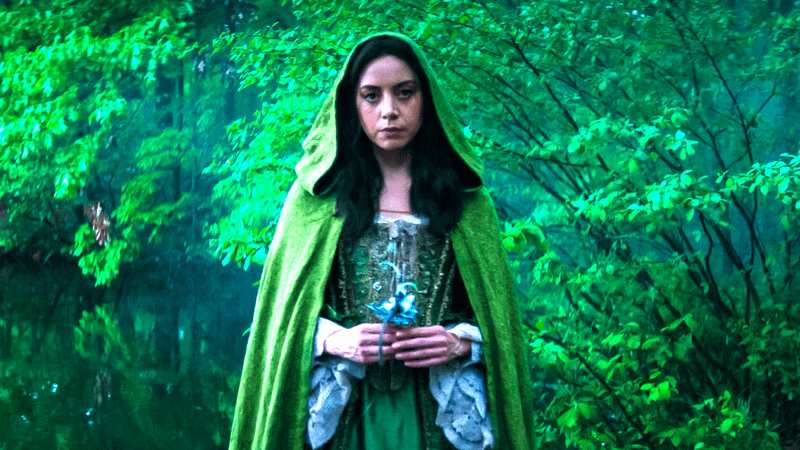 Aubrey Plaza as Rio Vidal in a green robe in Agatha All Along