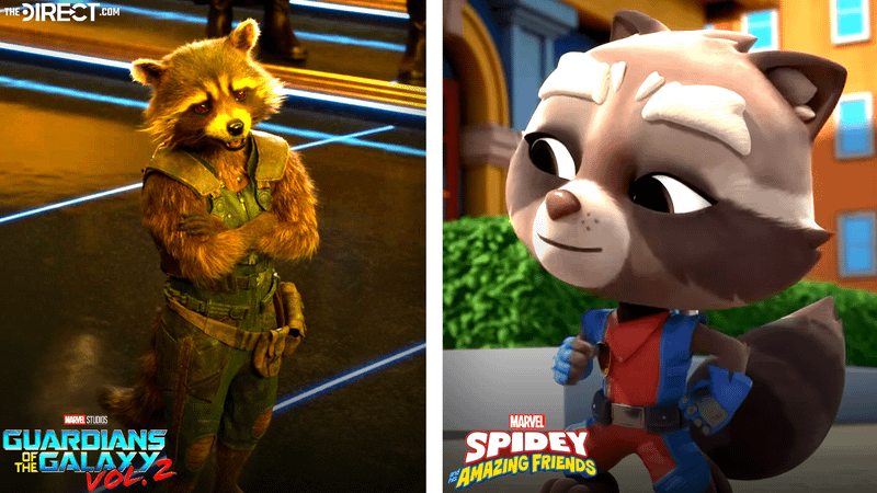 Rocket in Guardians of the Galaxy vs. Meet Spidey and his amazing friends.