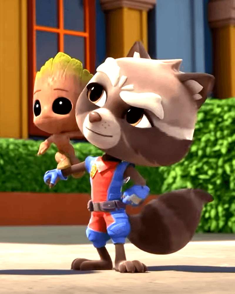 Baby Groot on Rocket arm in Meet Spidey and His Amazing Friends.