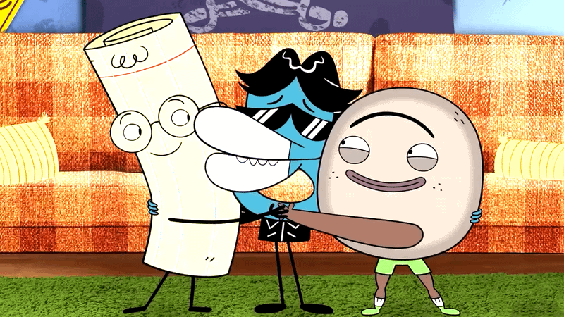 Rock, Paper and Scissors hugging.