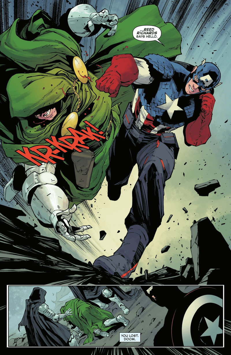 Steve Rogers' Captain America punching Victor von Doom in the face.