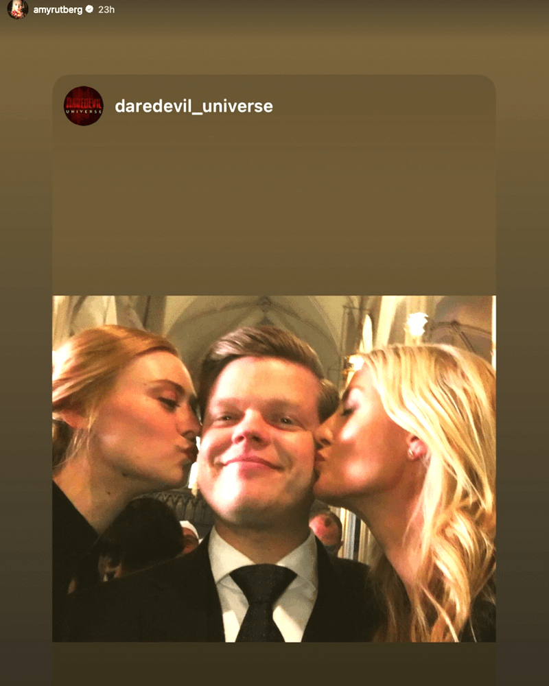 Amy Rutberg's Instagram story with Rutberg, Deborah Ann Woll, and Elden Henson.