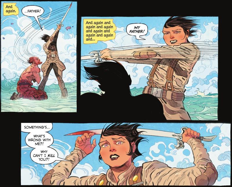 Panels from Supergirl: Woman of Tomorrow showing Ruthye attempting to kill Krem, but unable to bring herself to do it.