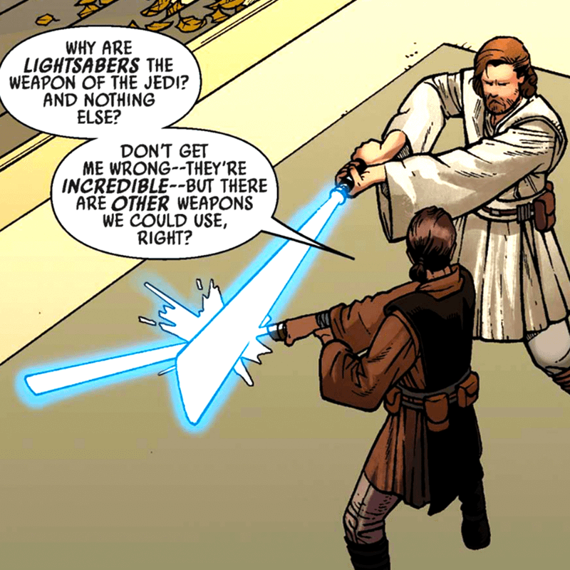 Anakin and Obi-Wan talking about the importance of lightsabers.