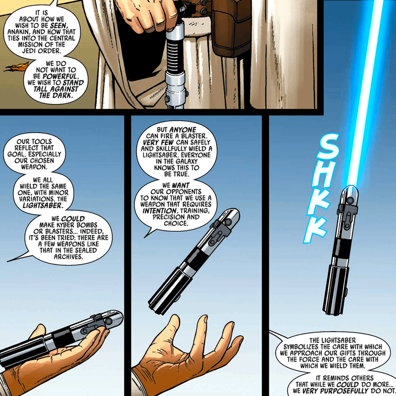 Obi-Wan explaining the importance of a lightsaber to Anakin.