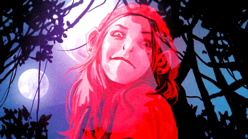 The ghost of a red girl with the moon behind her in Saga