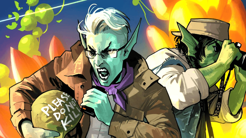 Two green-skinned characters with long elf-like ears in jackets in Saga