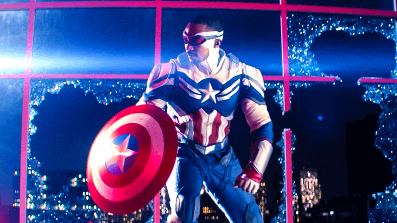 Sam Wilson as Captain America in Falcon and the Winter Soldier.