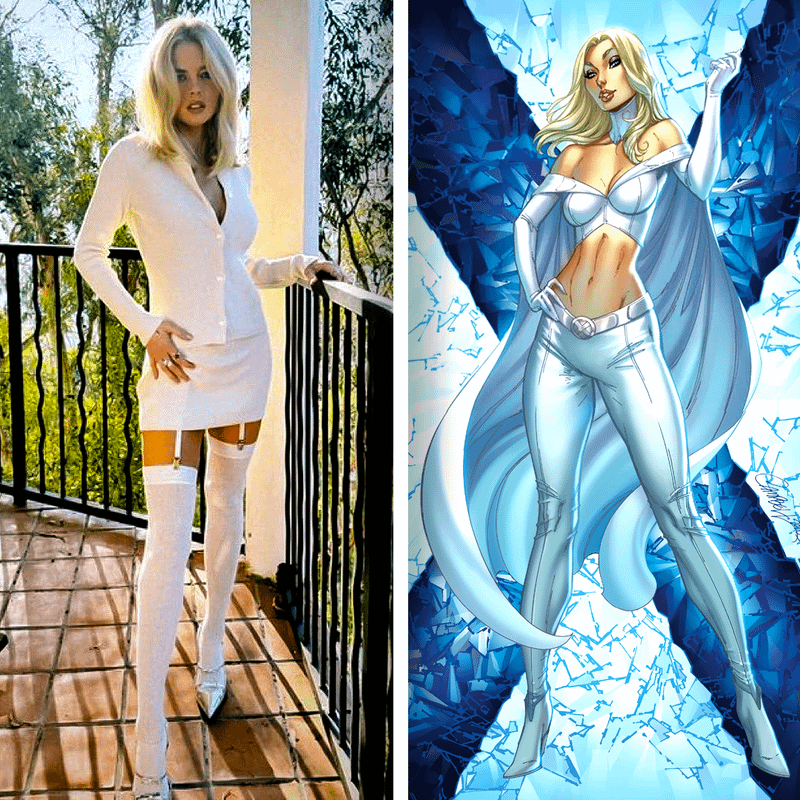 Samara Weaving alongside Marvel character Emma Frost.