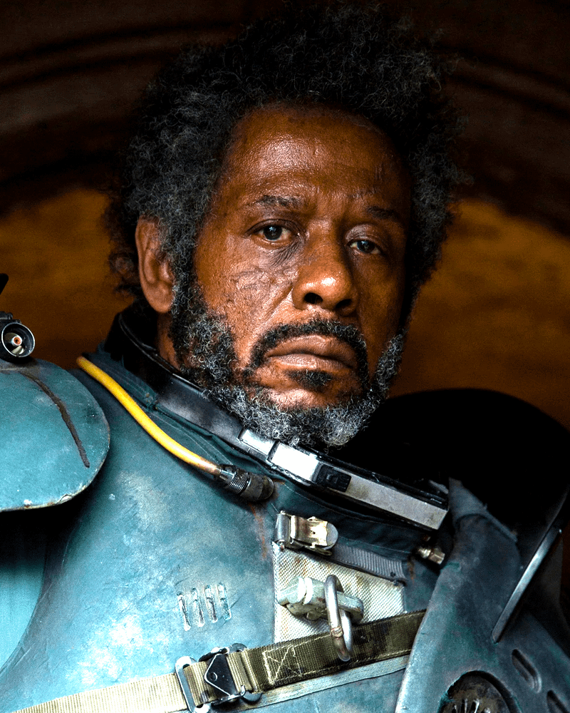 Forest Whitaker as Saw Gerrera wearing a handmade set of armor in Rogue One: A Star Wars Story
