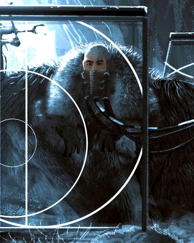 A close-up of the Saw Gerrera concept piece featuring him hooked up to a breathing tube in Rogue One