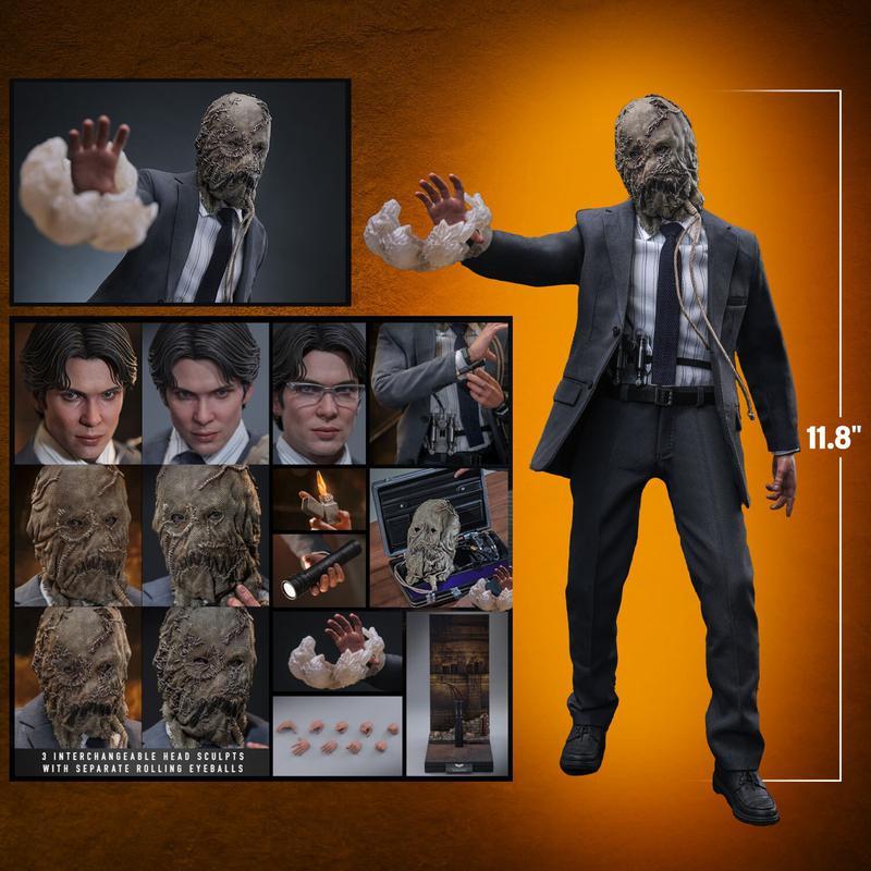 Hot Toys Scarecrow set with suitcase, a pair of glasses, a watch, a lighter, a flashlight, and an Arkham visitor badge.