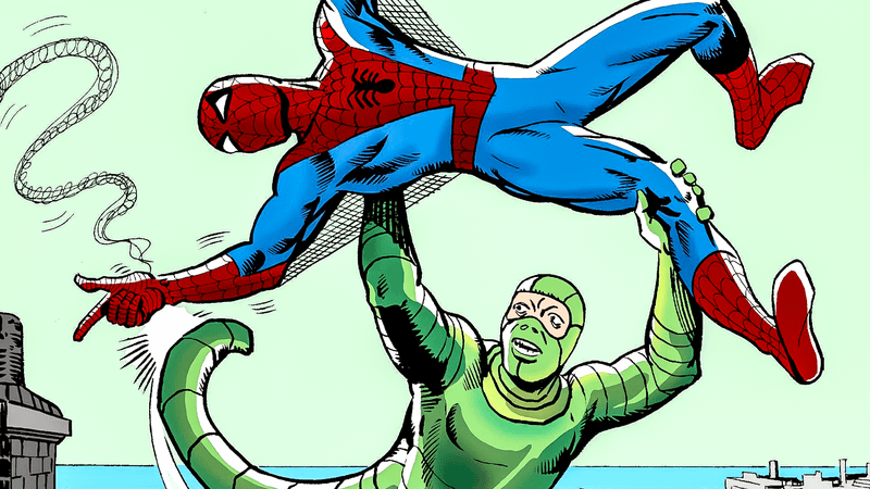 Scorpion holding up Spider-Man in Marvel Comics.