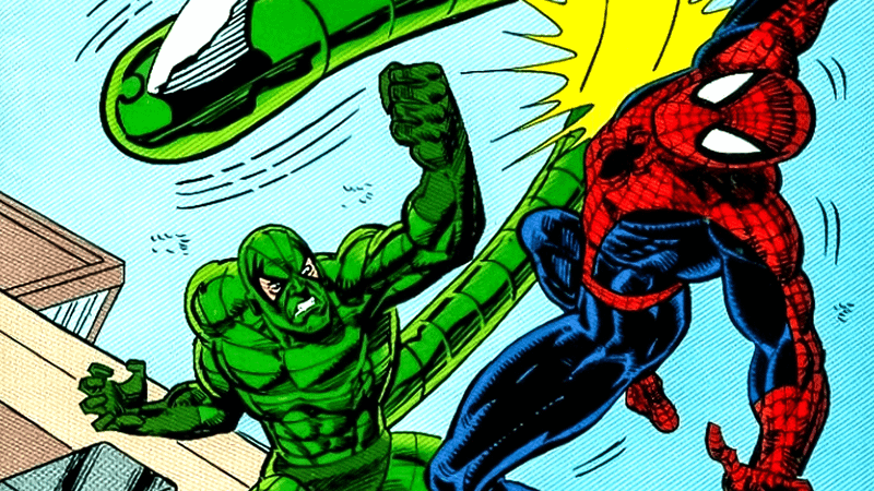 Scorpion punching Spider-Man in Marvel Comics.
