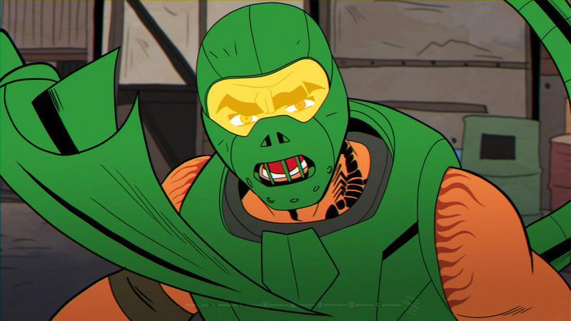 Scorpion suit in Your Friendly Neighborhood Spider-Man close up.