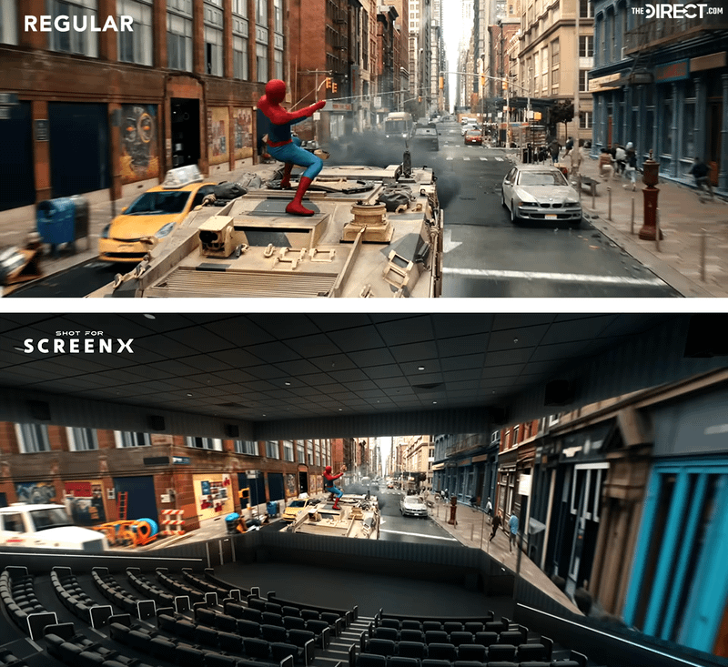 Spider-Man atop tank in Brand New Day regular vs SCREENX.