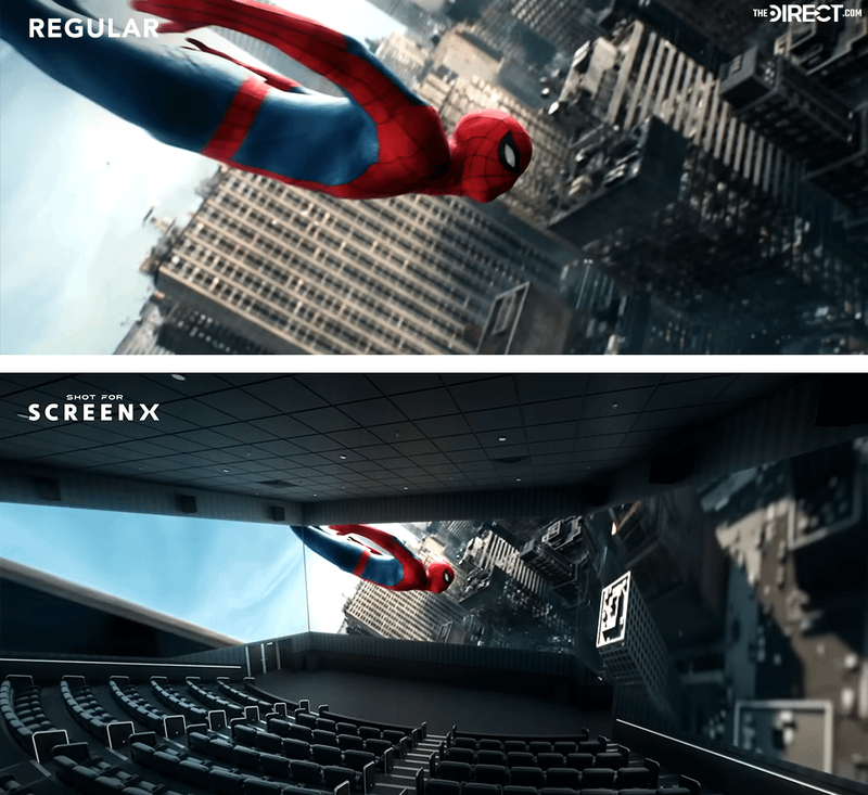 Spider-Man dives off skyscraper in Spider-Man: Brand New Day regular vs. SCREENX.