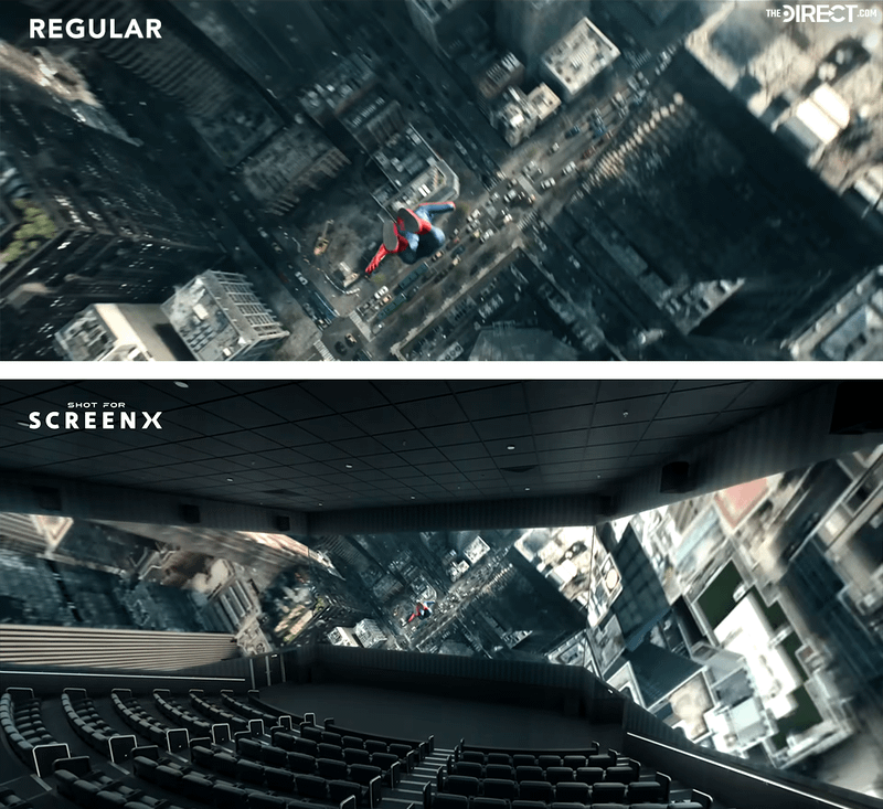 Spider-Man diving through New York City in regular vs SCREENX.