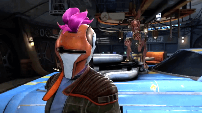 The hero from Star Wars: Beyond Victory in an orange helmet with Sebulba behind him