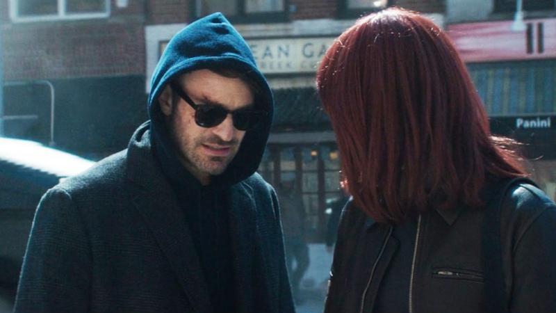Charlie Cox as Matt Murdock & Deborah Ann Woll as Karen Page in Daredevil: Born Again Season 2, Episode 2.