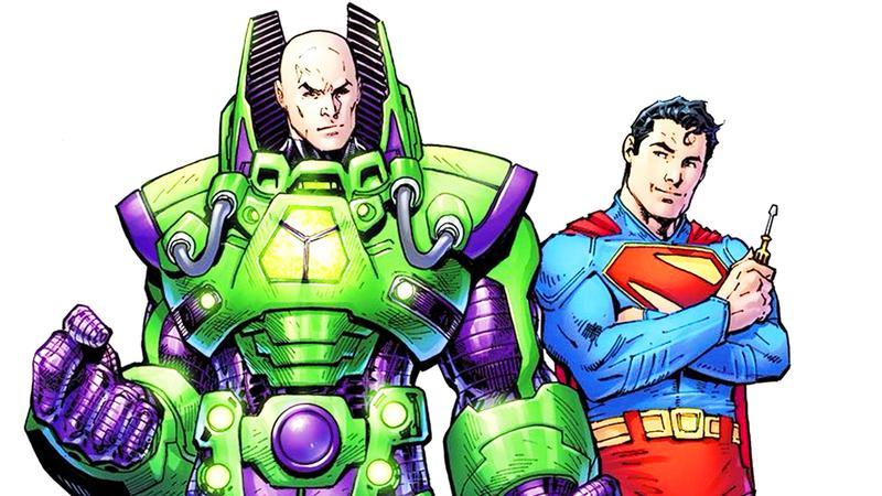 Lex Luthor in battle armor next to Superman.