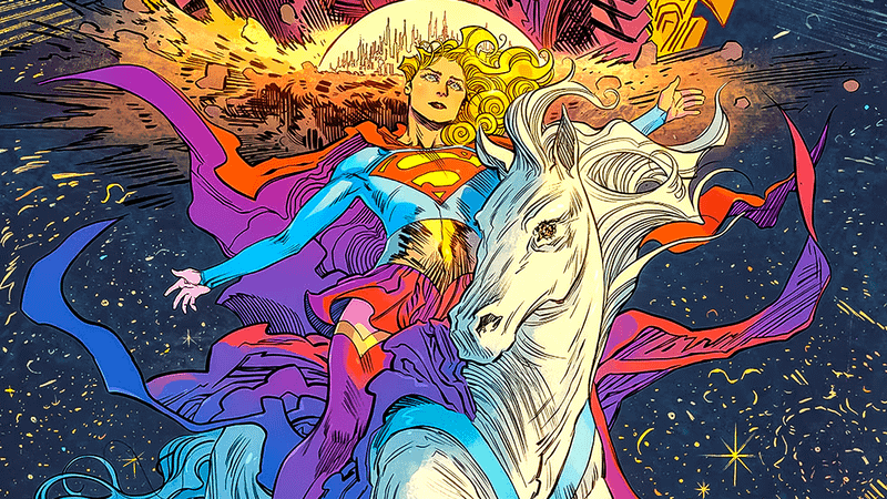 Supergirl riding a horse in 'Supergirl' comic.