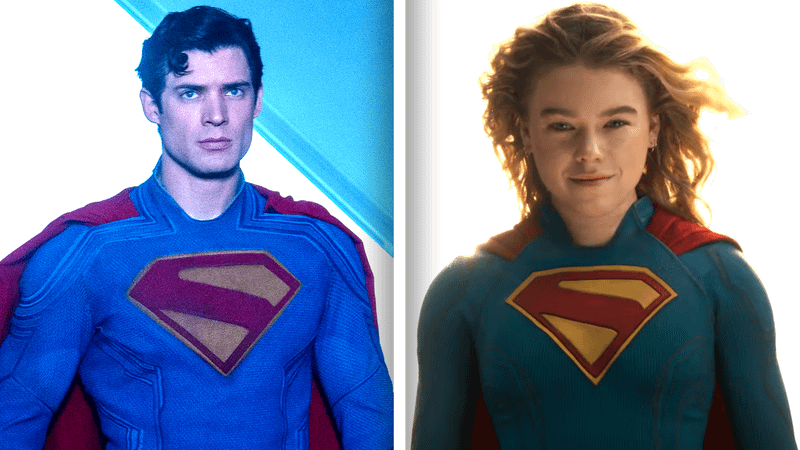 David Corenswet in costume as Superman alongside Milly Alcock in costume as Supergirl.