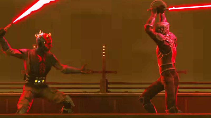 Maul and Marrok lightsaber fighting in Maul: Shadow Lord.