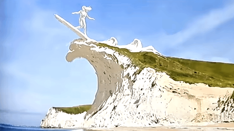 cliff with statue of a surfer in concept art from The Fantastic Four: First Steps