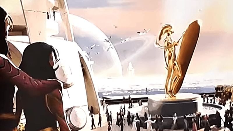 statue of a big gold surfer from concept art for The Fantastic Four: First Steps