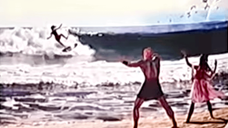 two people on a beach and a surfer in the ocean in concept art from The Fantastic Four: First Steps