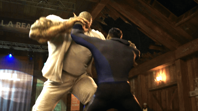 Hulk and Abomination in clothes fighting in a cabin in She-Hulk: Attorney At Law