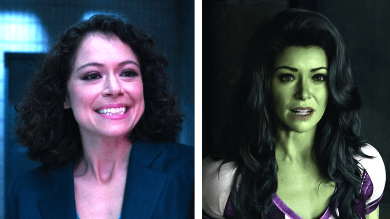 Tatiana Maslany as Jennifer Walters and She-Hulk comparison.
