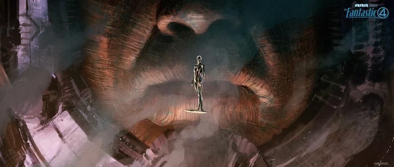 concept art of Silver Surfer flying in front of Galactus