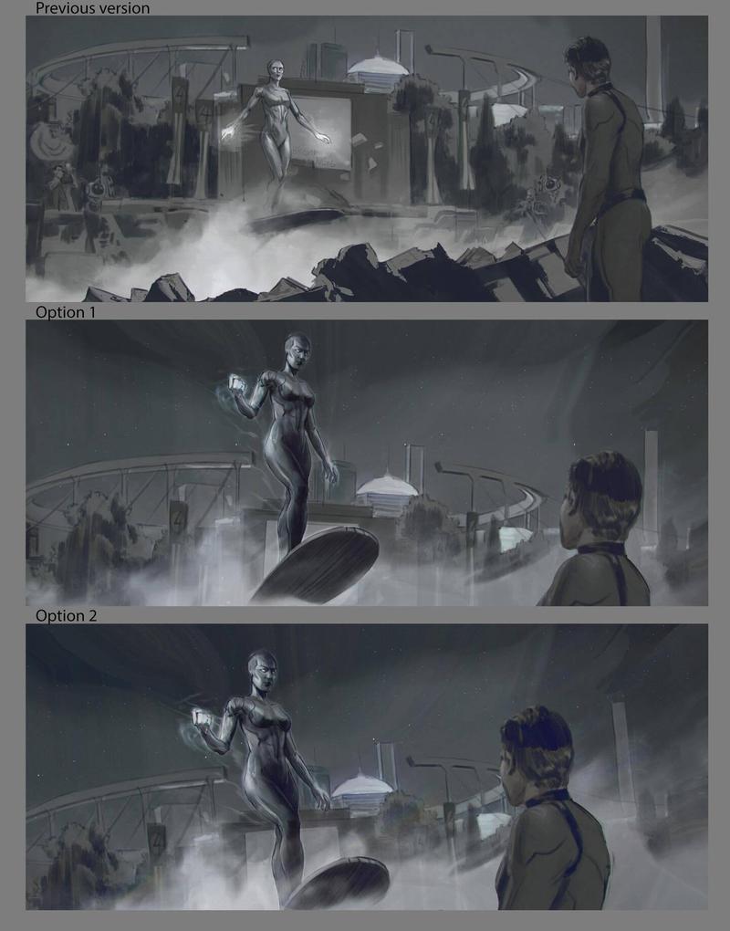 concept art of the Silver Surfer flying up to Reed Richards