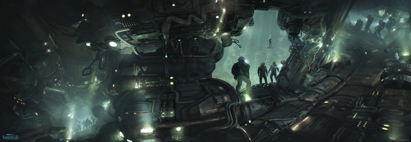 concept art of Fantastic Four on Galactus' ship in front of the Silver Surfer