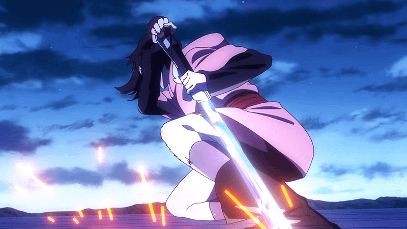Kara crouches as she wields a silver saber.