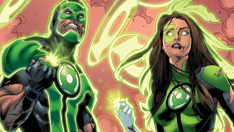 Simon Baz and Jessica Cruz with their Power Rings glowing as green aura surrounds them.
