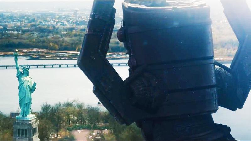 Galactus looking at the Statue of Liberty in The Fantastic Four: First Steps