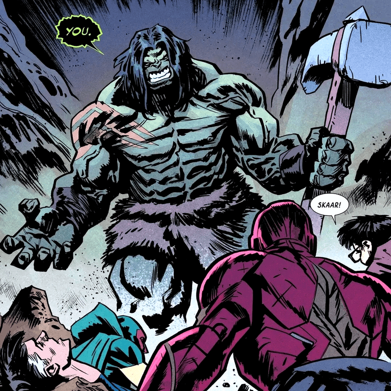 Skaar confronts the Avengers and Fantastic Four.