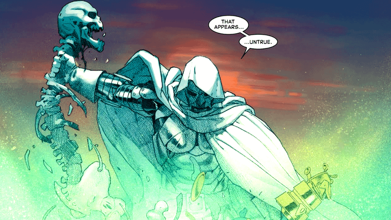 Doctor Doom holding Thanos' skeleton in Secret Wars comics