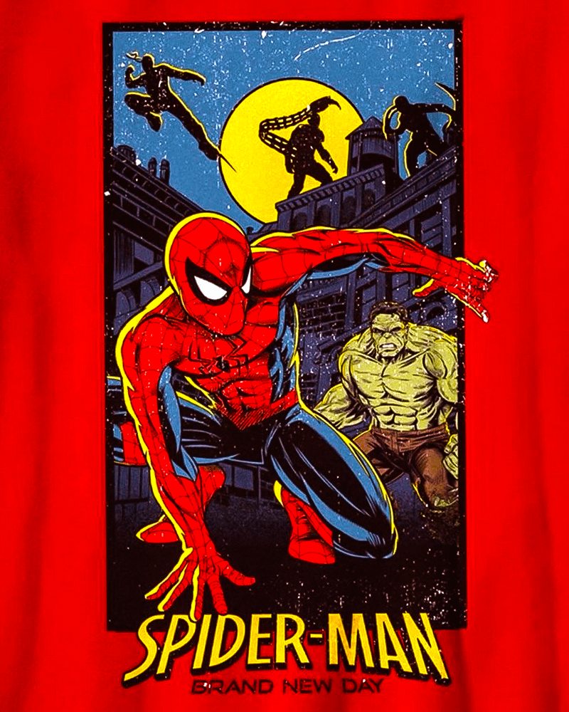 Spider-Man, Hulk, Tarantula, Scorpion, and Boomerang in 'Spider-Man: Brand New Day' shirt.