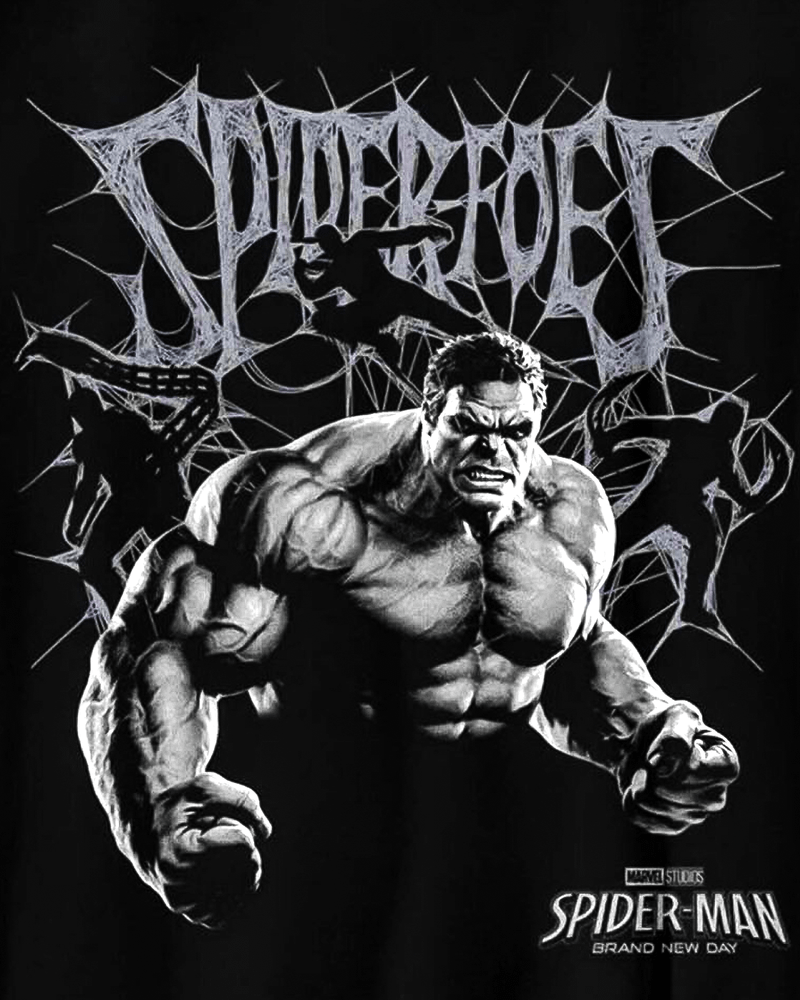 Spider-Foes in webbing over grey image of the Hulk.