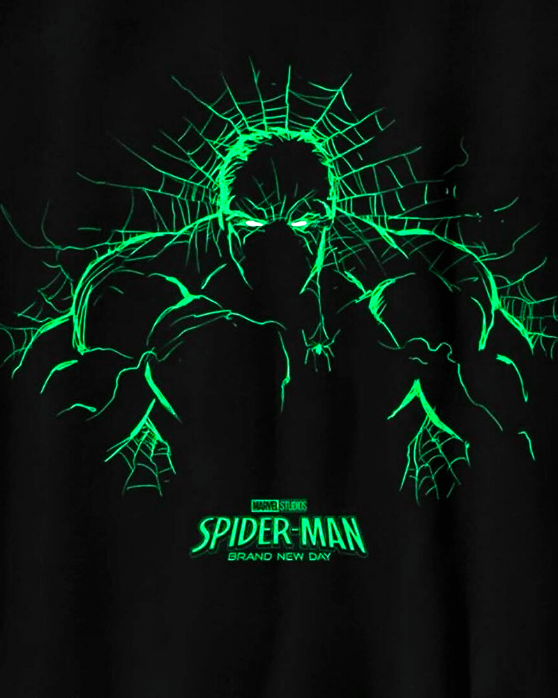 green outline of the Hulk in 'Spider-Man: Brand New Day' shirt.