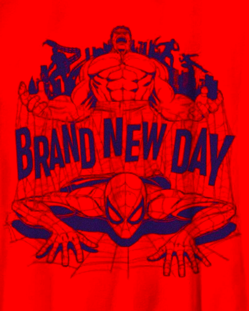 Spider-Man and Hulk in red 'Spider-Man: Brand New Day' shirt.