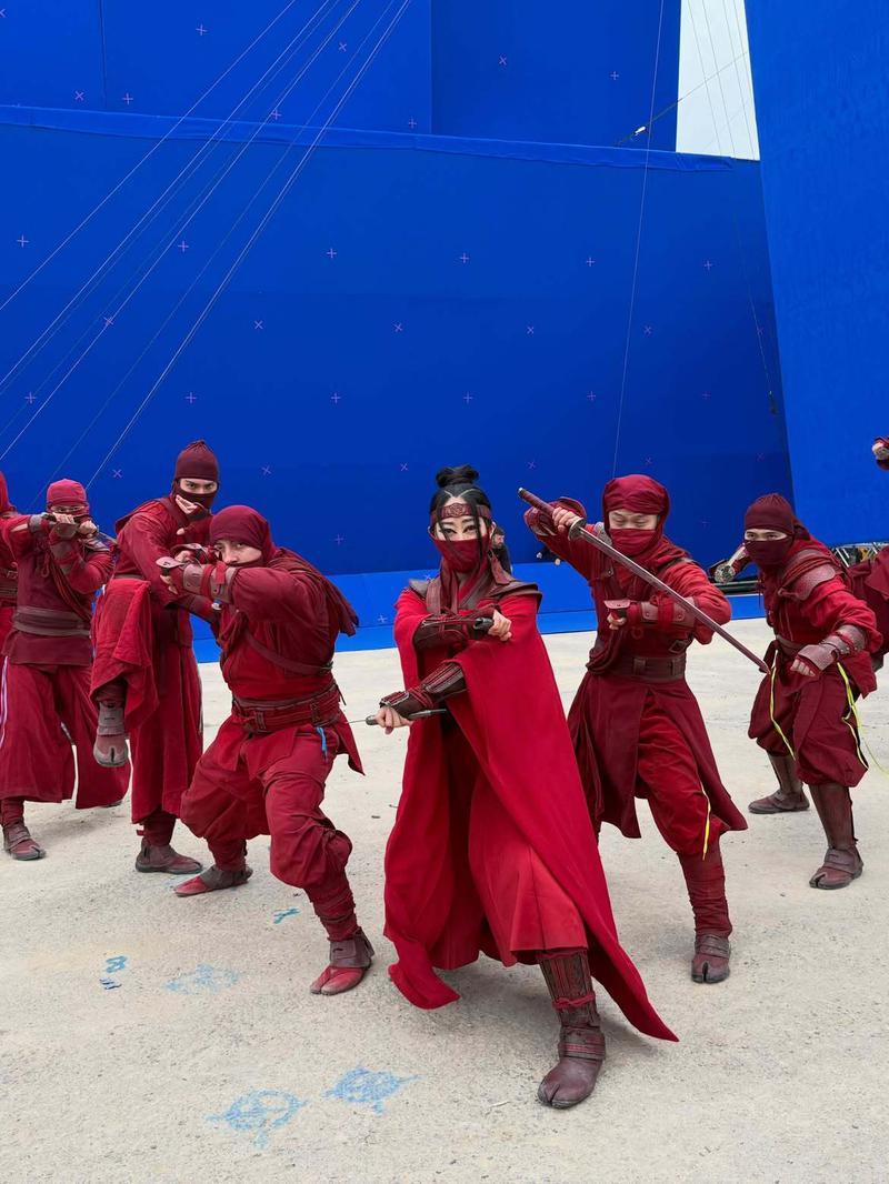 Fan Xiaoshuang and the Hand warriors on set of Spider-Man: Brand New Day.