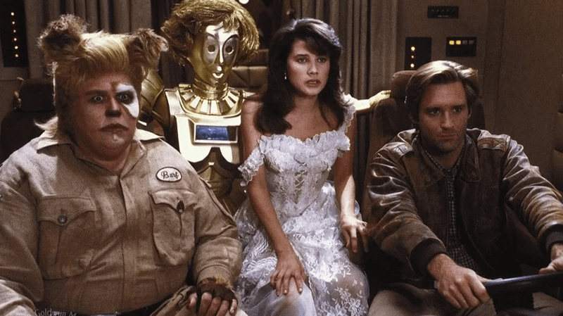 John Candy as Barf, Dot Matrix, Daphne Zuniga as Princess Vespa, Bill Pullman as Lone Starr in 'Spaceballs.'