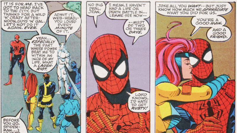 Jean Grey kissing Spider-Man on the cheek in Marvel Comics.